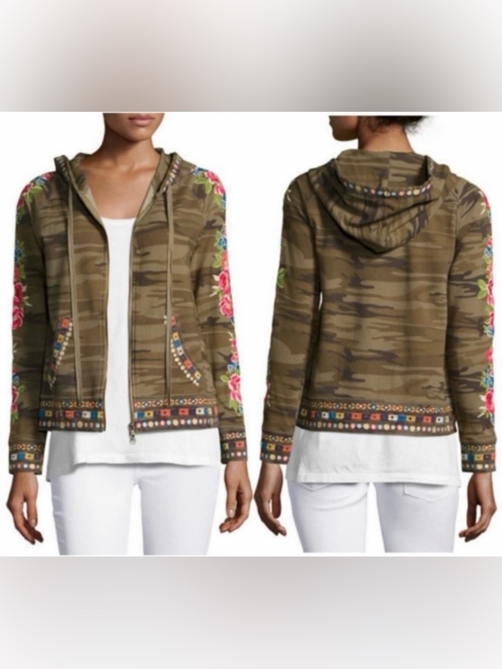 Johnny Was Camo Embroidered Zip-Up Hoodie with Floral Embroidery